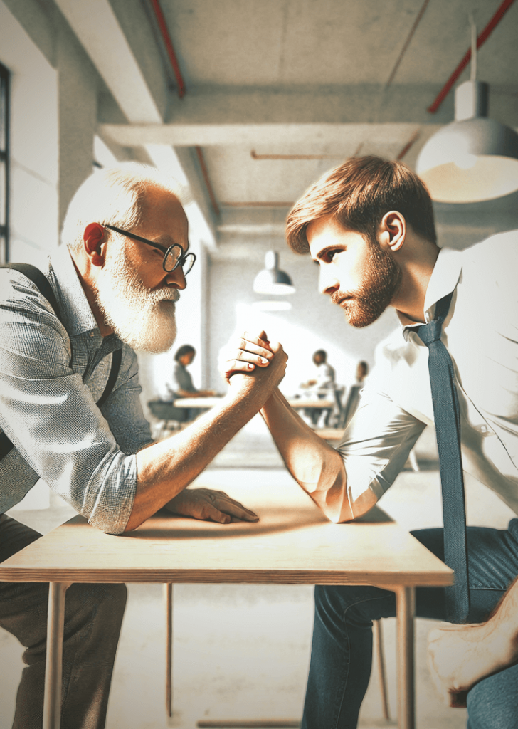 Alter Mann im Anzug macht Armdrücken gegen einen jungen Mann im Anzug