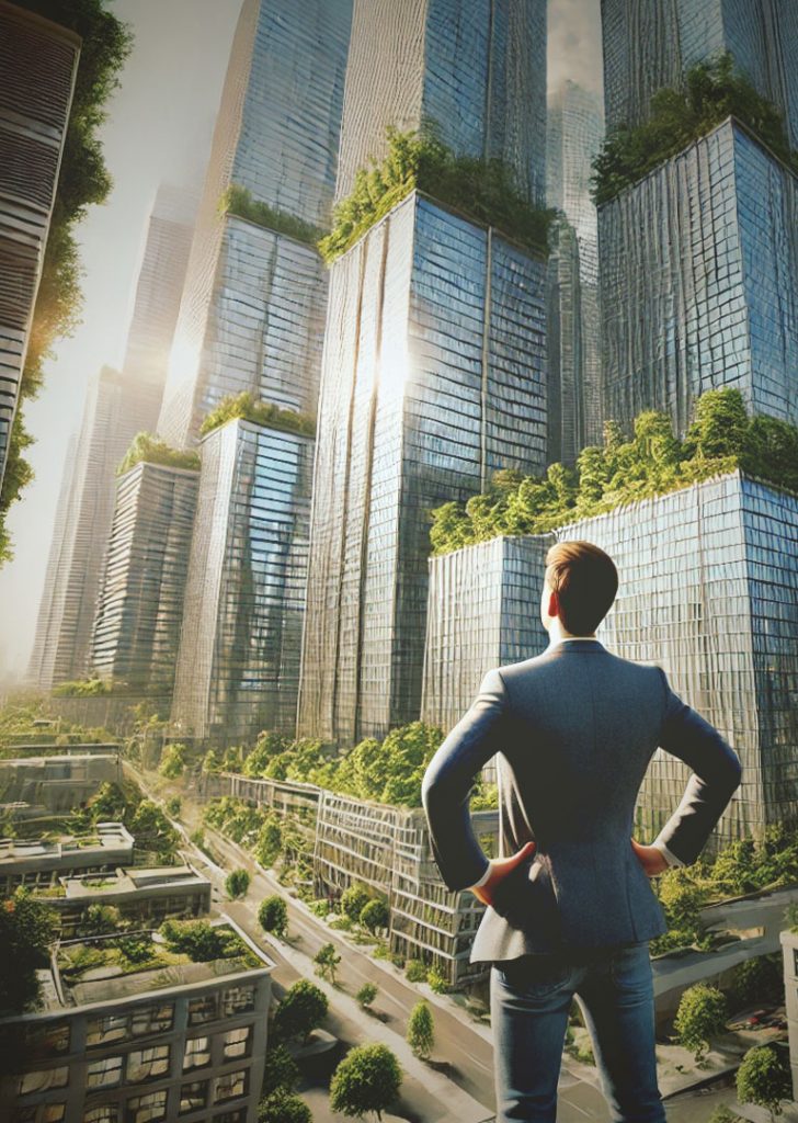 Ein Mann der vor einer Stadt aus Wolkenkratzern steht und die Aussicht genießt