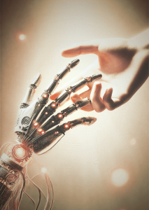 Menschenhand reicht Roboterhand die Hand KI-generiert