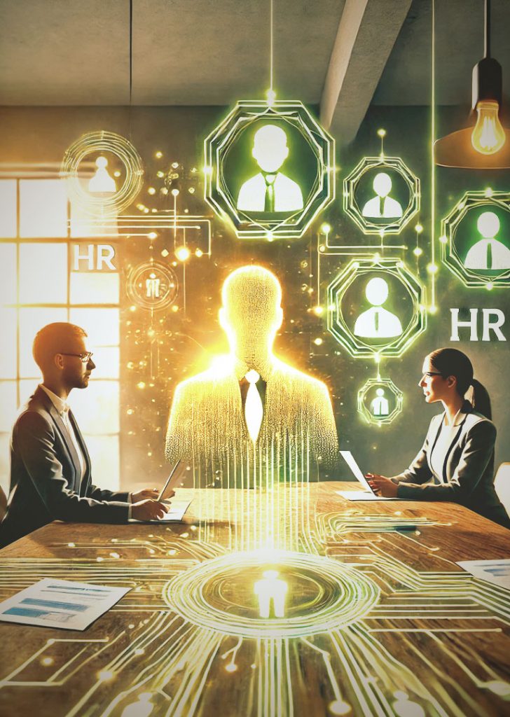 Zwei Kollegen sitzen sich gegenüber und in der Mitte ist ein Hologramm