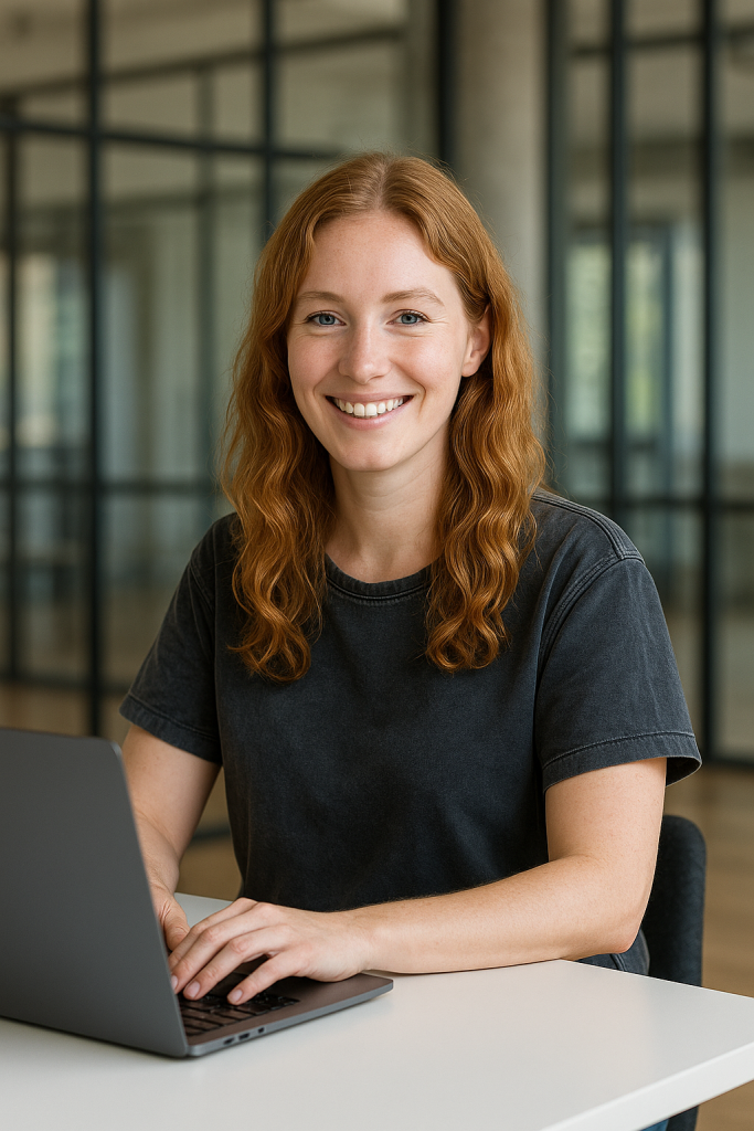 Eine junge Frau mit rotblonden, welligen Haaren sitzt an einem weißen Schreibtisch in einem modernen Büro. Sie trägt ein dunkles T-Shirt, schaut lächelnd in die Kamera und tippt entspannt auf einem geöffneten Laptop, während natürliches Licht ihr Gesicht erhellt.