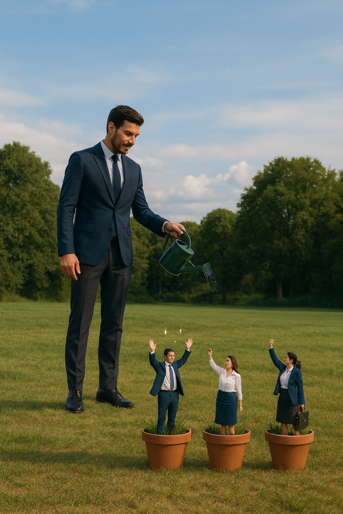 Ein elegant gekleideter Mann im Anzug steht auf einer grünen Wiese und gießt mit einer Gießkanne drei winzige Geschäftsleute, die in Blumentöpfen wachsen. Die Miniaturfiguren – zwei Frauen und ein Mann – tragen Businesskleidung und heben jubelnd die Arme. Im Hintergrund sind Bäume und ein blauer Himmel mit Wolken zu sehen. Die Szene symbolisiert Förderung, Wachstum und Teamentwicklung im Berufsleben.