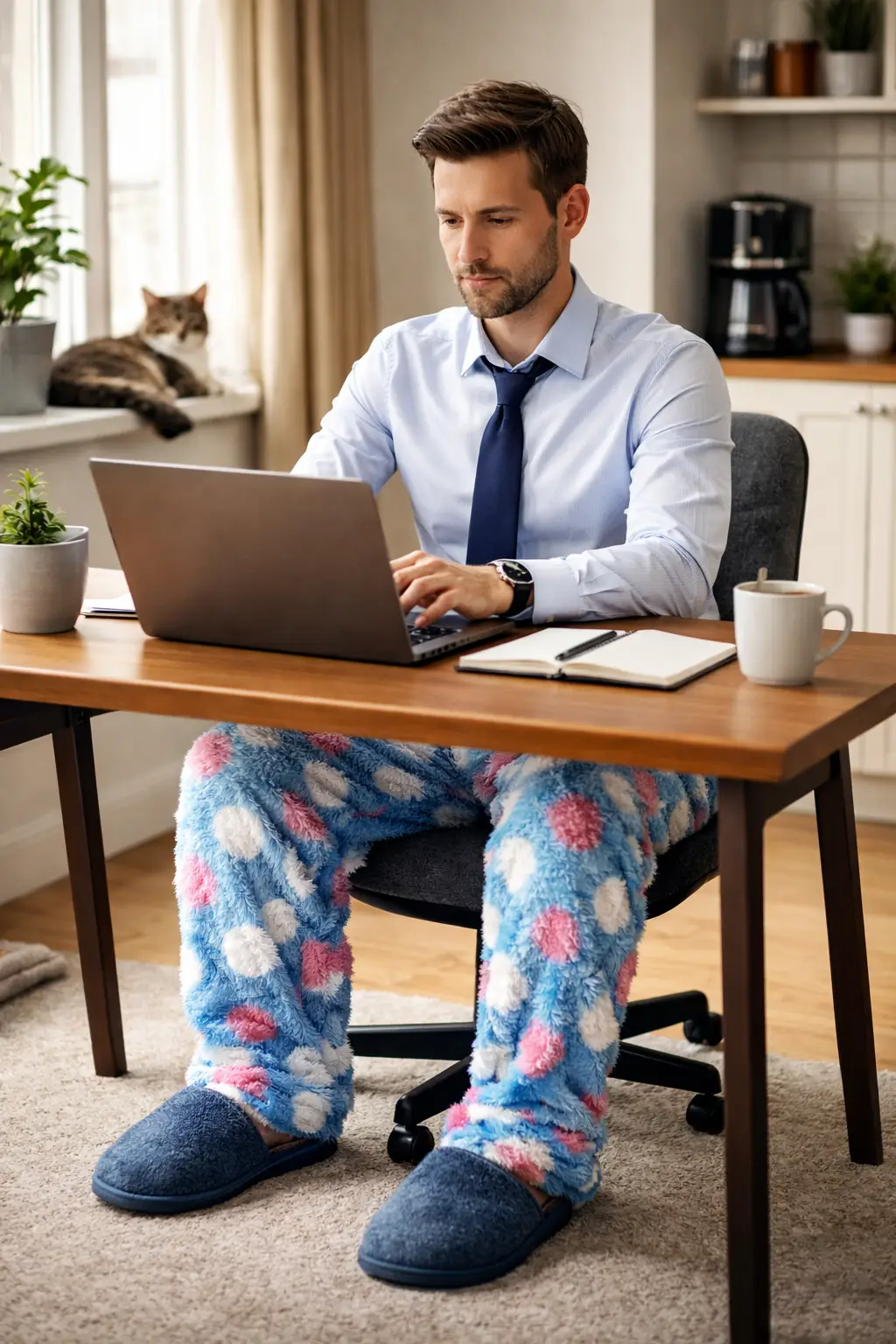 arbeitszufriedenheit hoome office mann sitzt in schlafanzughose am schreibtisch. KI-generiert