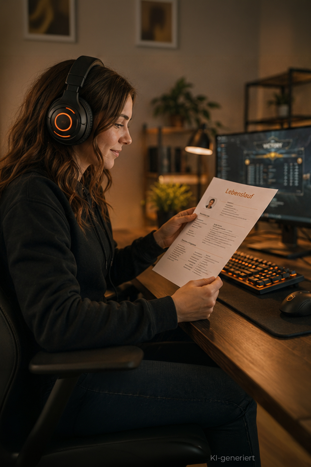 Gamerin mit Headset liest einen Lebenslauf an ihrem Gaming-PC mit orange beleuchtetem Setup.