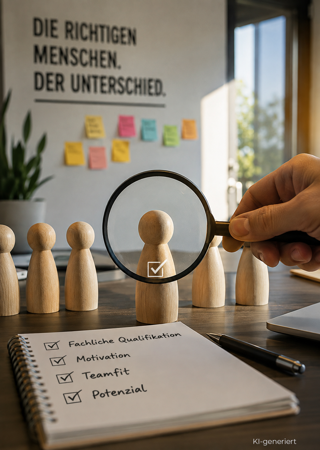 Lupe über einer ausgewählten Holzfigur neben einer Checkliste für Qualifikation, Motivation, Teamfit und Potenzial.