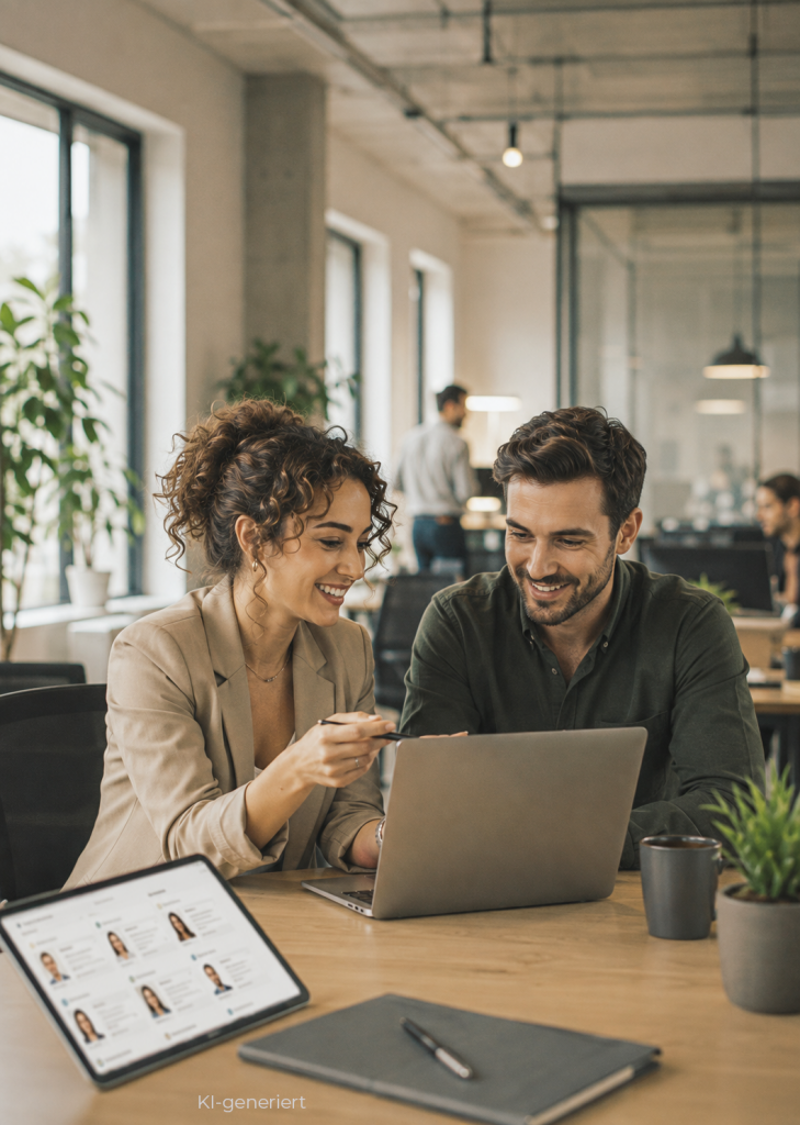 Zwei HR-Mitarbeitende prüfen Bewerberprofile an Laptop und Tablet in einem modernen Büro.