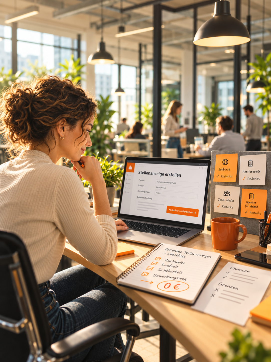 HR-Mitarbeiterin erstellt eine kostenlose Stellenanzeige am Laptop und vergleicht verschiedene Recruiting-Kanäle.
