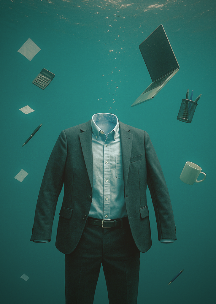 Unterwasser-Szene mit schwebendem Anzug und Hemd ohne Person, umgeben von Laptop, Kaffeetasse und Büroartikeln – symbolische Darstellung von Absentismus am Arbeitsplatz im Recruiting-Kontext.