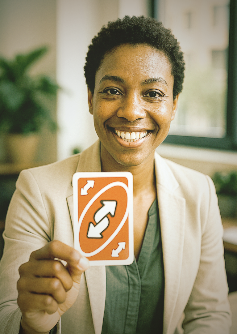 Lächelnde Businessfrau hält eine rote UNO-Richtungswechselkarte als Symbol für Reverse Recruiting und moderne Bewerberorientierung in einem professionellen Büro