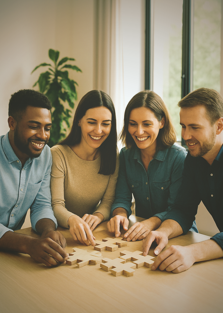Team aus vier Kolleginnen und Kollegen arbeitet lächelnd gemeinsam an einem Holzpuzzle im Büro – Symbol für Teamarbeit, Zusammenhalt und Teambuilding im Recruiting-Kontext.