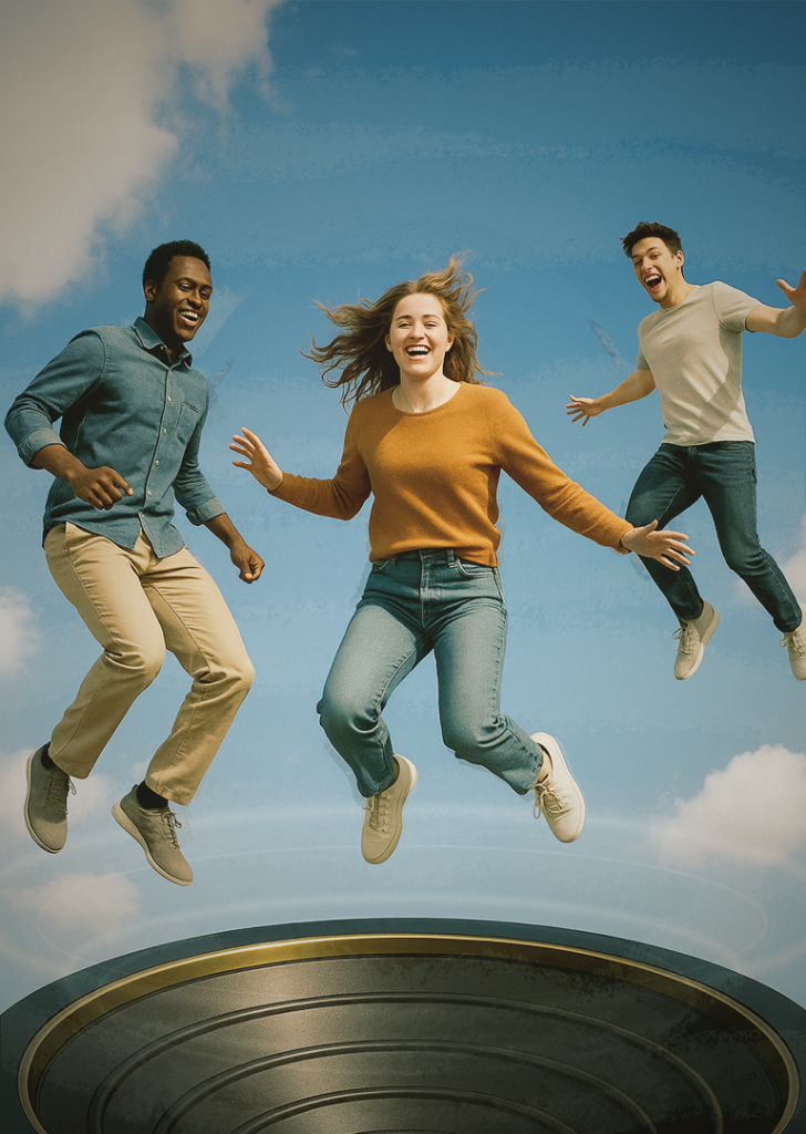 Drei junge Erwachsene springen lachend über einer riesigen Megafon-Öffnung vor blauem Himmel.