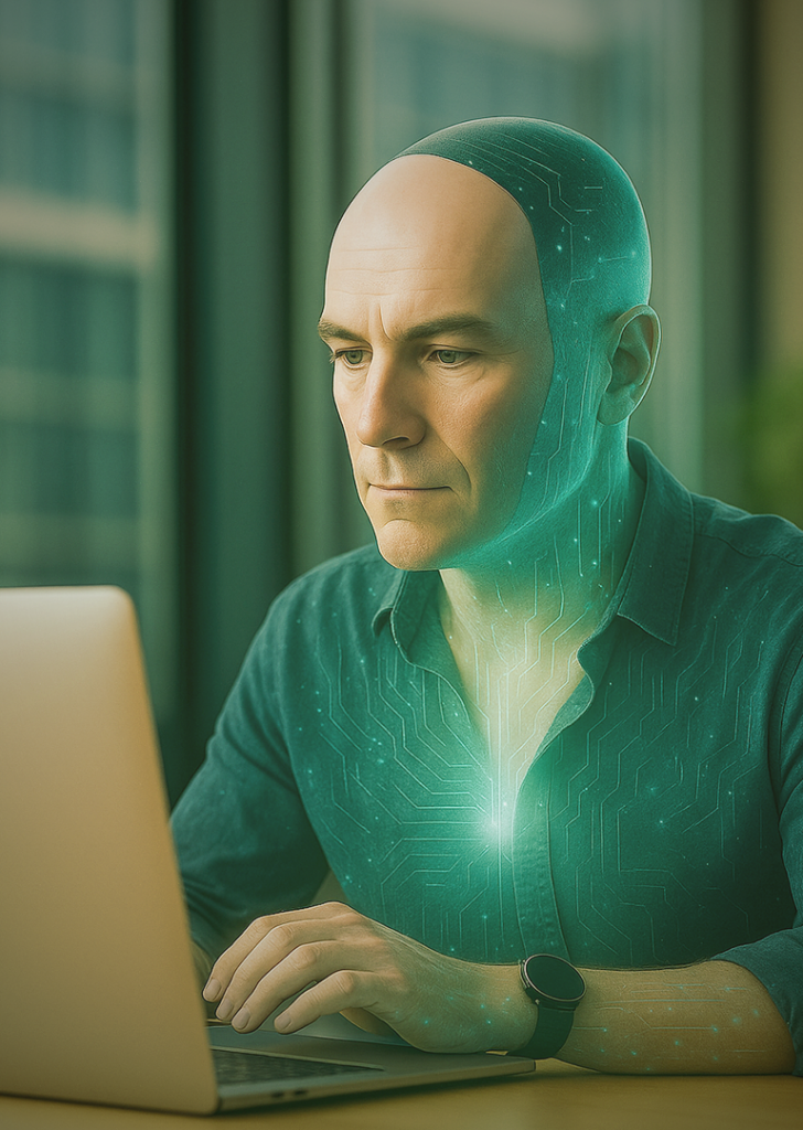 Eine digitale Person mit leuchtenden Schaltkreisen auf Kopf und Körper, trägt eine Maske eines realistschen Mannes in einem online Bewerbungsgespräch. Symbolisiert Deepfakes im Recruiting