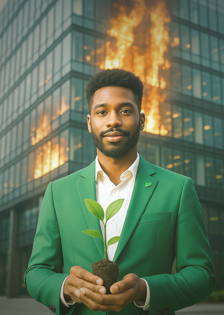 Ein junger schwarzer Mann mit kurzem Afro und gepflegtem Bart steht in einem eleganten grünen Anzug vor einem modernen Bürogebäude. Er hält eine kleine Pflanze mit Wurzeln und Erde in den Händen, während hinter ihm die oberen Stockwerke des Gebäudes in Flammen stehen. Der Hintergrund ist leicht unscharf, sodass der Mann und die Pflanze im Vordergrund deutlich im Fokus stehen.