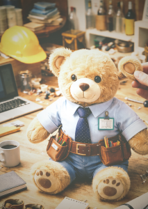 Job Crafting im Recruiting: Ein Teddybär wird auf einer Werkbank mit beruflichen Arbeitsutensilien individuell zusammengesetzt, eine Hand hält ein noch nicht angebrachtes Ohr