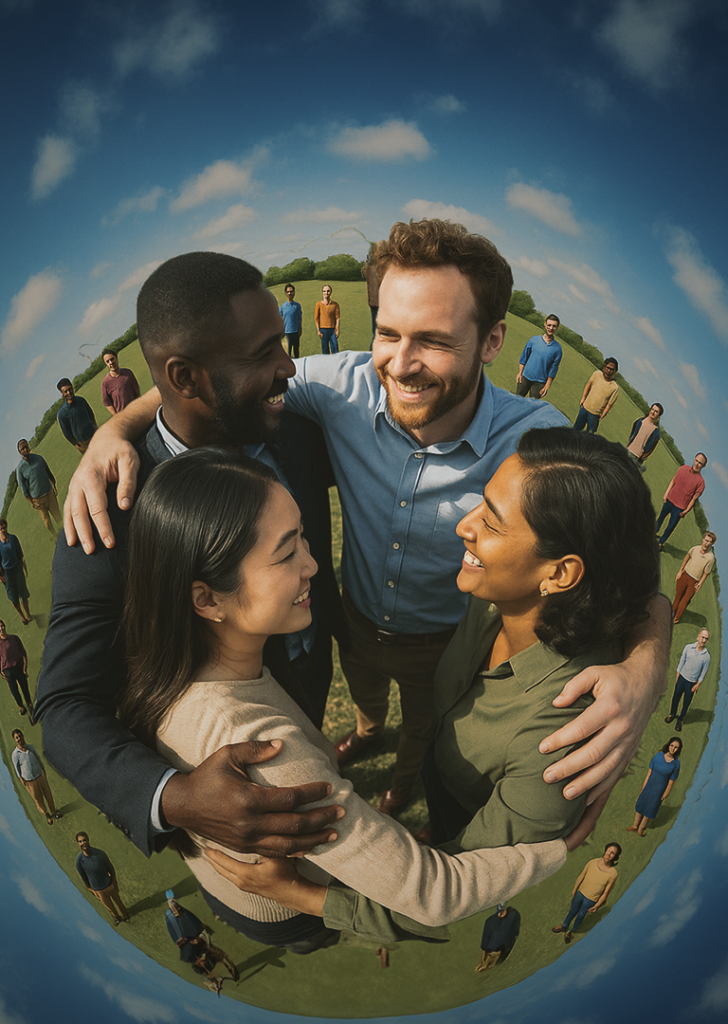 Diverse Gruppe steht Arm in Arm im Zentrum, umgeben von einzelnen Menschen auf grünem Feld unter blauem Himmel.