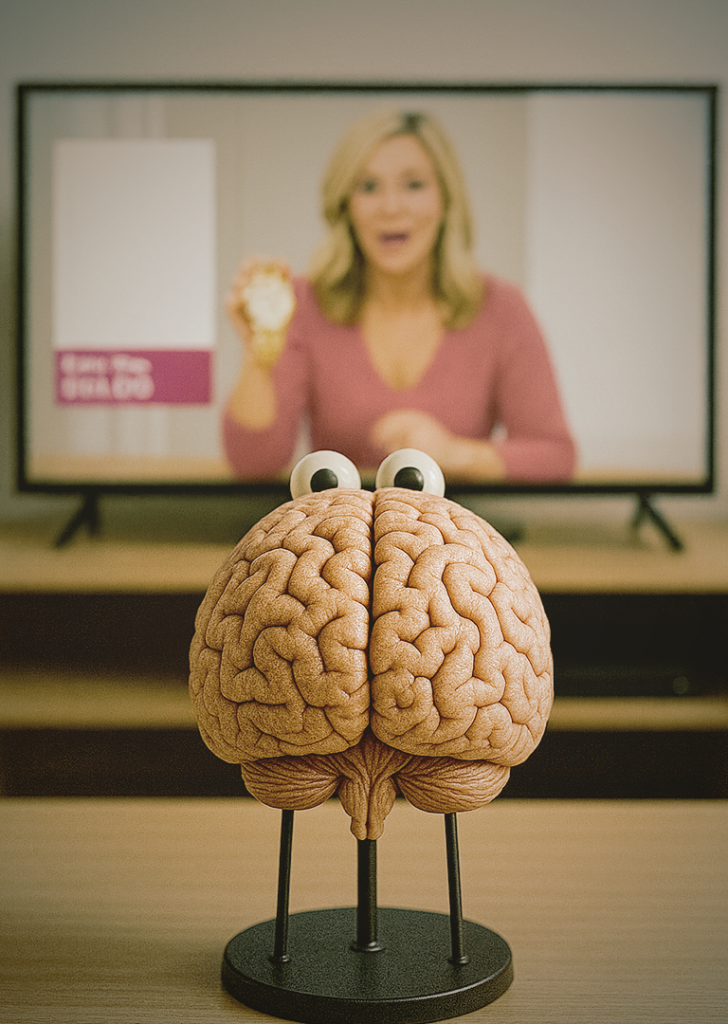 Gehirnmodell mit angedeuteten Augen auf Ständer schaut eine Home-Shopping-Sendung im Fernsehen.