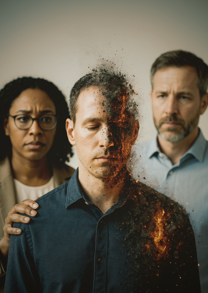 Eine Mitarbeiter zerfällt vor den Augen seiner Kollegen in Asche und Feuer – ein eindringliches Sinnbild für Quiet Firing und den schleichenden Verlust von Motivation im Job.