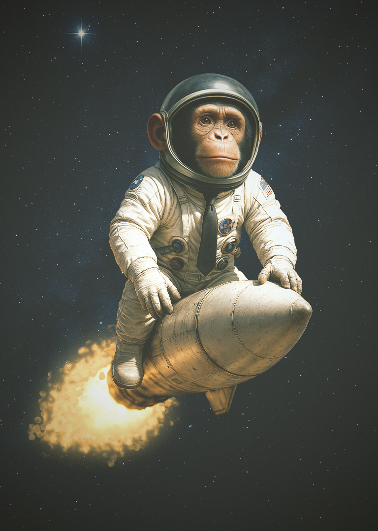 Ein Astronaut-Schimpanse fliegt auf einer Rakete durchs All – Sinnbild für Mut, Innovation und Aufbruch in den Recruiting Trends 2026.