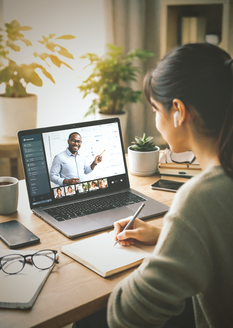 Person von hinten absolviert einen Online-Kurs am Laptop und macht Notizen – digitales Reskilling und Weiterbildung für moderne Berufsbilder.