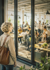 Eine Person mit lockigem, blondem Haar und brauner Schultertasche blickt durch eine große Glasfront in ein modernes Großraumbüro. Im hellen Büro arbeiten und unterhalten sich mehrere Teams an Schreibtischen in einer offenen, freundlichen Atmosphäre. Pflanzen, große Fenster und industrielle Decken mit sichtbaren Lüftungsrohren schaffen eine moderne und einladende Arbeitsumgebung.