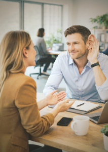 Ein Mann sitzt an einem Tisch in einem Büro und legt die Hand hinter sein Ohr, während er aufmerksam einer Frau gegenüber zuhört, die mit Gesten spricht. Die Szene vermittelt aktives Zuhören in einem Gespräch oder Interview.