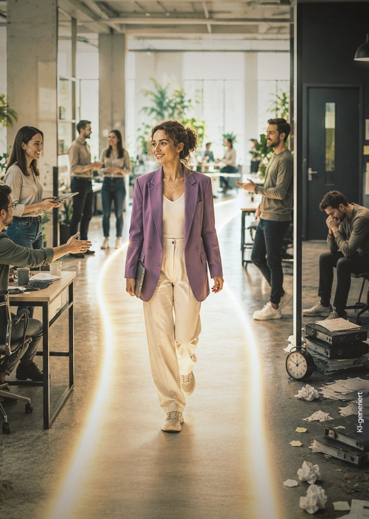 Bewerberin im lila Blazer folgt einem leuchtenden Weg durch ein modernes Büro – als Symbol für einen klar gestalteten Bewerbungsprozess.