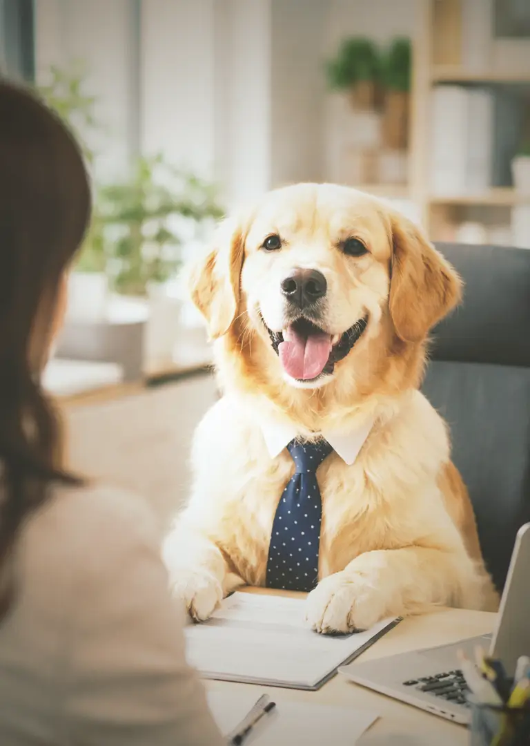 Ein Golden Retriever sitzt wie ein Mensch an einem Schreibtisch, trägt ein weißes Hemd und eine Krawatte und schaut freundlich mit herausgestreckter Zunge nach vorne. Ihm gegenüber sitzt eine Person, vermutlich in einem Gespräch, während auf dem Tisch Unterlagen und ein Laptop liegen. Im Hintergrund ist ein helles, modernes Büro mit Pflanzen zu sehen.