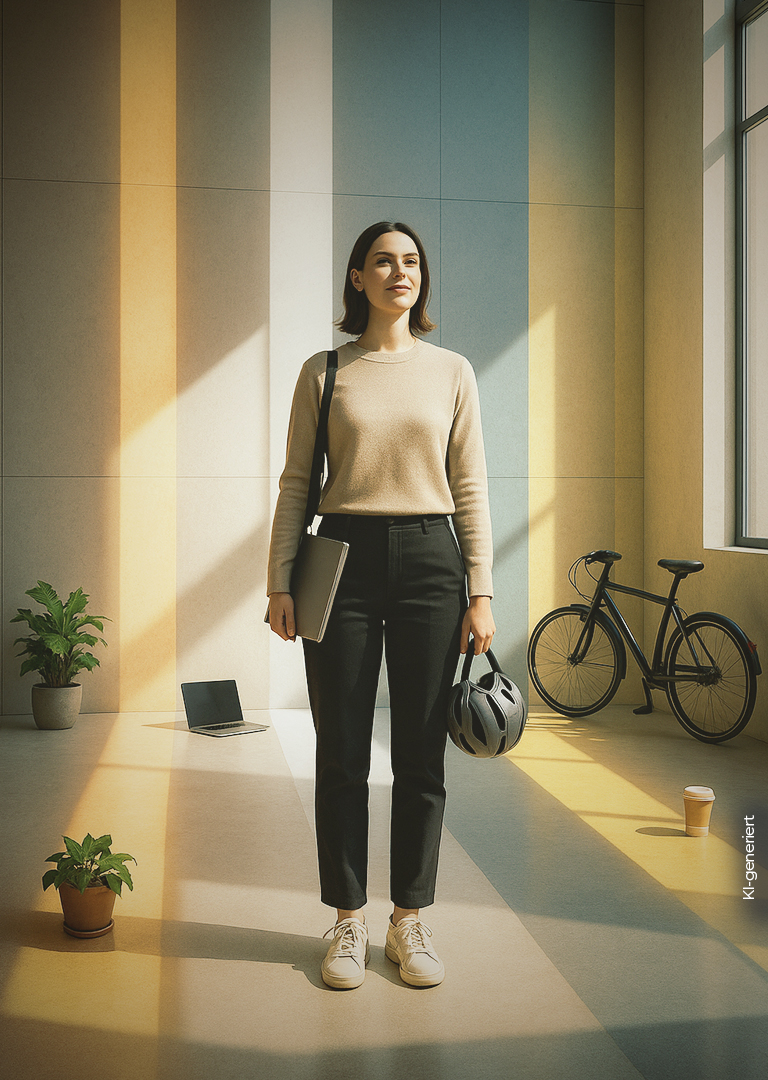 Frau mit Fahrradhelm und Laptop steht in einem sonnigen, modernen Büro; im Hintergrund sind ein Fahrrad und mehrere Pflanzen zu sehen.