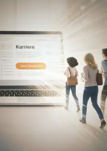 Drei junge Erwachsene mit Rucksäcken gehen auf einen Laptop zu, auf dessen Bildschirm eine Karriereseite mit dem Titel „Karriere“ und einem orangefarbenen Button „Jetzt bewerben“ zu sehen ist. Helle Lichtstrahlen und schwebende E-Mail-Symbole symbolisieren digitale Bewerbungen und Online-Recruiting.