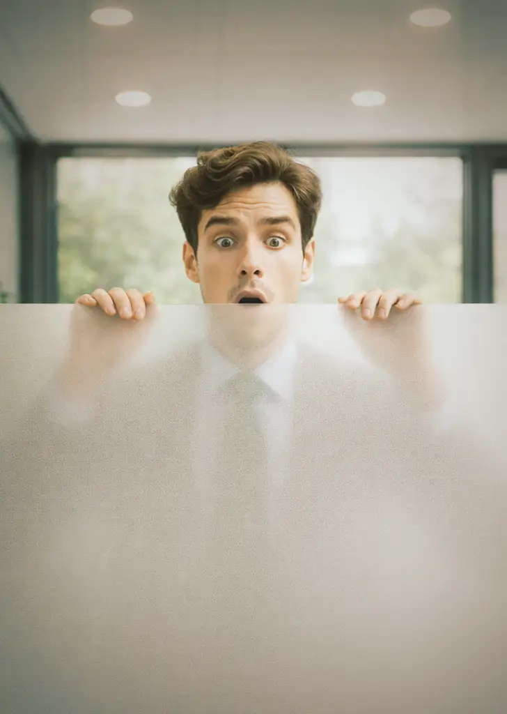 Ein junger Mann mit braunen Haaren schaut überrascht über eine halbtransparente Milchglasscheibe, die er mit beiden Händen festhält. Im Hintergrund ist ein heller, moderner Innenraum mit großen Fenstern zu sehen.