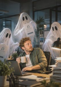 Ghost Jobs drei Geister mit Stellenanzeigen stehen um einen Mann am Schreibtisch