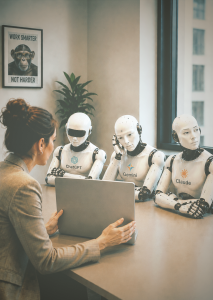 geo optimierung frau zeigt robotern einen laptop