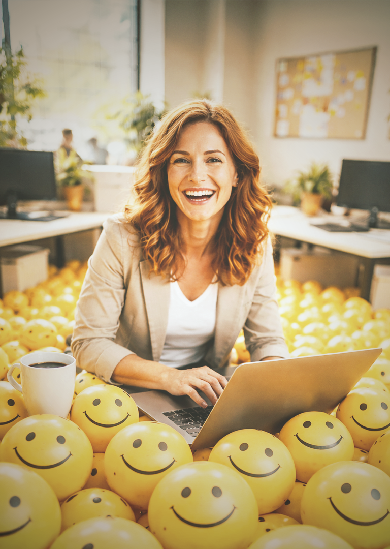 Eine rothaarige Frau sitzt in einem modernen Büro an ihrem Arbeitsplatz und arbeitet an einem Laptop, während sie bis zur Hüfte in einem Meer aus gelben Smiley-Bällen versunken ist; die Szene ist aus einem leicht dynamischen Winkel fotografiert und wirkt ungewöhnlich und humorvoll.