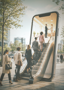 Mobile Recruiting Menschen laufen eine Treppe hoch in ein Smartphone KI-generiert