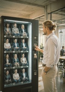 Personalauswahl Mann steht vor einem Snackautomaten, in dem Mitarbeiter*innen sind
