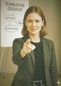 ChatGPT: Eine junge Frau in Businesskleidung steht in einem modernen Büro vor einem Whiteboard mit der Aufschrift „Teamleiter gesucht“ und zeigt entschlossen mit dem Finger auf die Kamera.