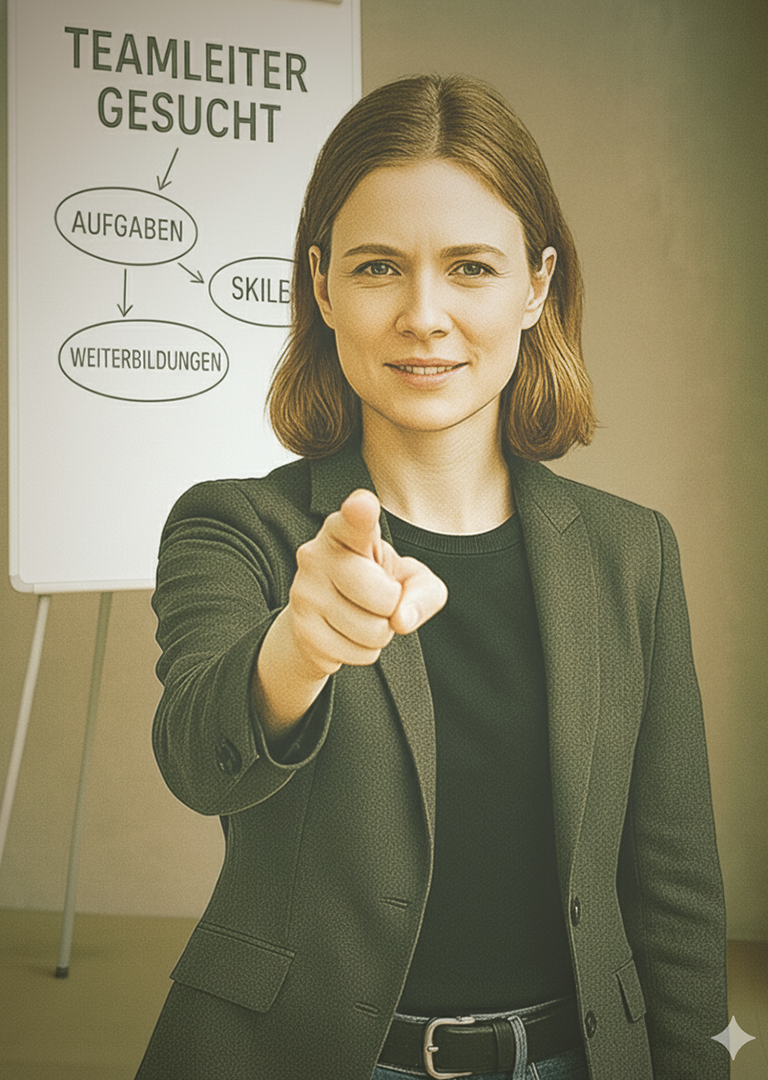 ChatGPT: Eine junge Frau in Businesskleidung steht in einem modernen Büro vor einem Whiteboard mit der Aufschrift „Teamleiter gesucht“ und zeigt entschlossen mit dem Finger auf die Kamera.