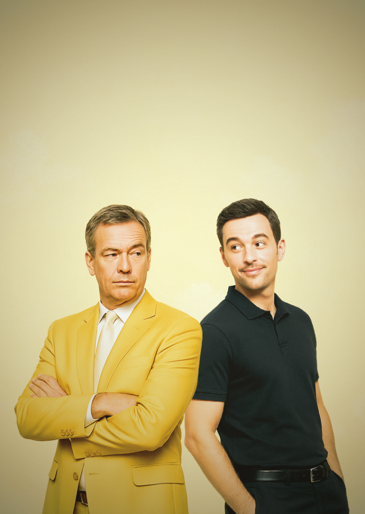 Zwei Männer stehen Rücken an Rücken vor einem hellgelben Hintergrund. Der ältere Mann links trägt einen gelben Anzug und verschränkt die Arme, während er skeptisch nach rechts schaut. Der jüngere Mann rechts trägt ein schwarzes Poloshirt, hat die Hände in den Taschen und lächelt selbstbewusst in Richtung des älteren Mannes.