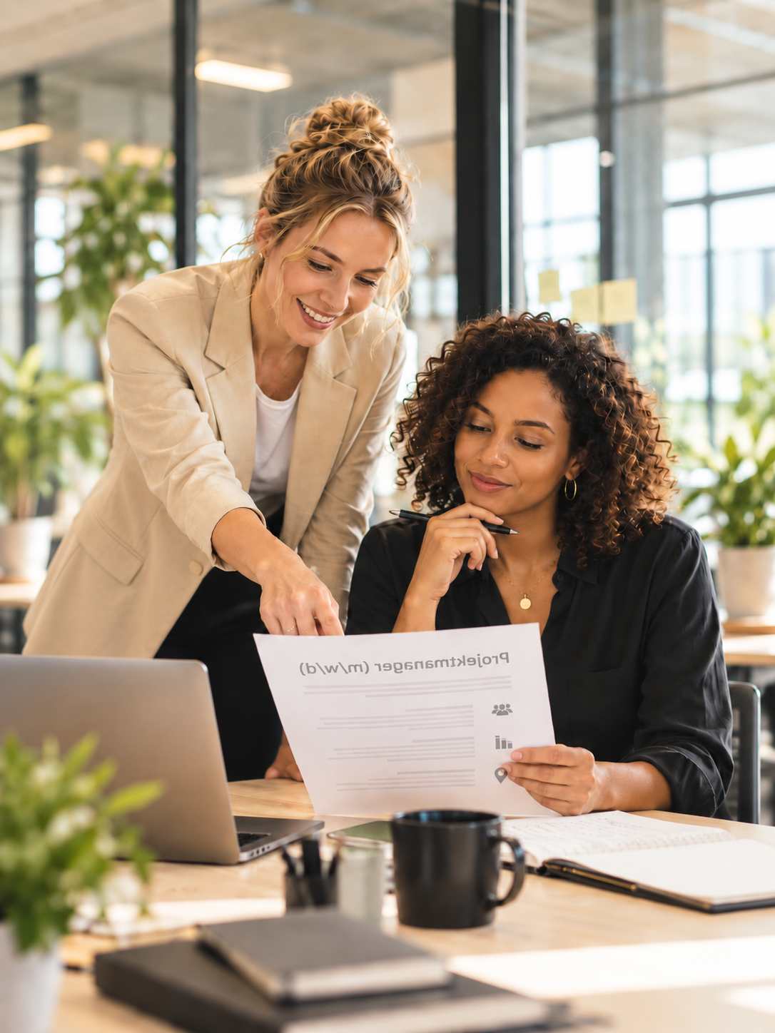 Recruiting-Team bespricht eine Stellenanzeige mit der Kennzeichnung m/w/d im Büro
