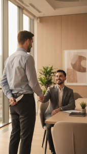Job Scamming Zwei Männer schütteln sich die Hände, einer hat ein Messer hinter dem Rücken.